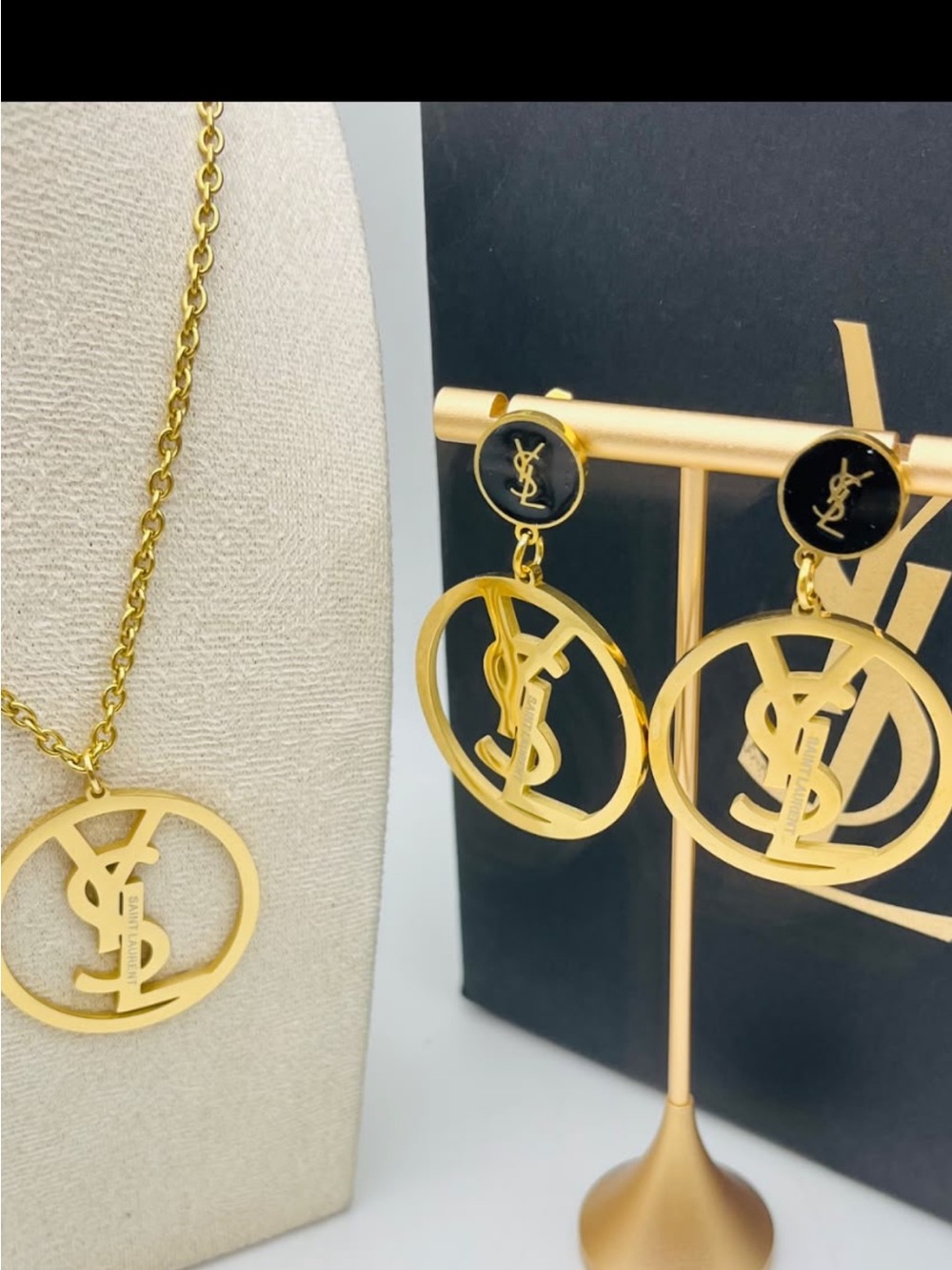 Saint Laurent Gold-tone YSL Logo Pendant Necklace with Matching Earrings